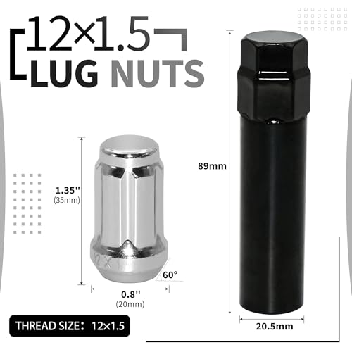 Image of 20 PCS M12x1.5 Chrome Lug Nuts, 1.35 inch Tall Hex Trailer Lug Nuts, 60 Degree Conical Cone Seat with Socket Key, Wheel Lugnuts Compatible with Ford Fusion 2006-2019, Ford Focus 2000-2019