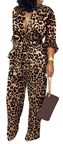 Sexy Women Leopard Jumpsuits Elegant Long Sleeve Long Straight Pants Clubwear Rompers Belt Pockets