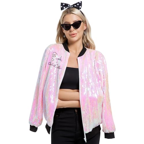 MISI CHAO 50s Ladys Pink Sequin Jacket Glittery Halloween Cosplay Costume Pink Jacket Long Sleeves Sparkling Coat for Party