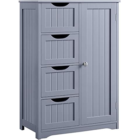 Yaheetech Large Bathroom Floor Cabinet with 4 Dawers and Single Door Cabinet, Freestanding Storage Cabinet for Living Room Kitchen Hallway, Gray Cover