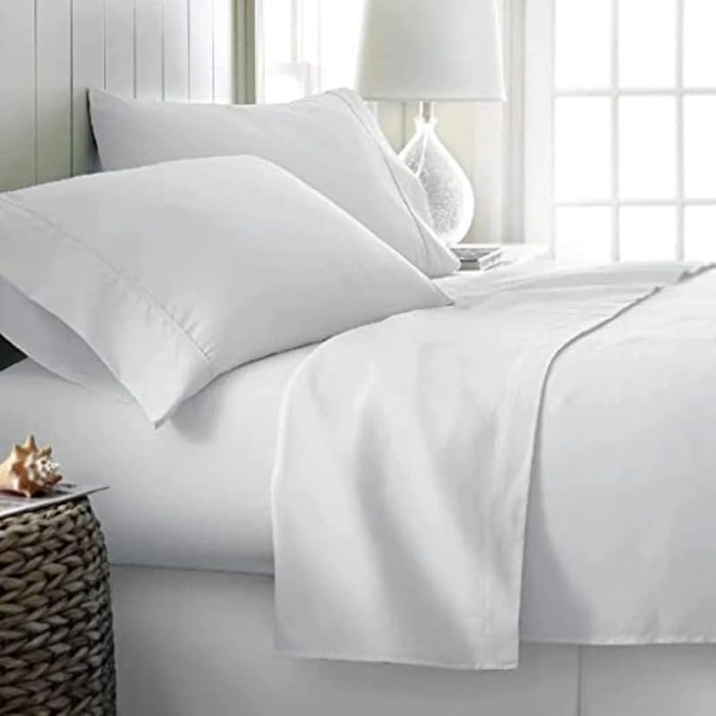 Image of Single Size Bedsheets for Single Bed 600 TC - Cotton Elastic Fitted Sheet (42 x 78 Inches) with 8 Inch Drop- Color White Solid [ Fitted Sheet with 2 Pillow Cover]