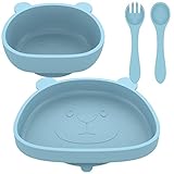 AoHao 4pc Baby Teller Mit Saugnapf, Breischale Baby Silikonteller rutschfest Bpa Frei Kinderteller Kinderschüssel Babylöffel Baby Gabel Flexible Baby Geschirrset Waschbar Mikrowelle Sicher(Blau)