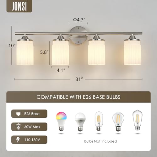 Image of Jonsi Nickel Bathroom Light Fixtures 4-Light Vanity Lights Modern Wall Sconce with Milk White Shade Brushed Nickel Bathroom Light Fixture Over Mirror for Bedroom Hallway Kitchen