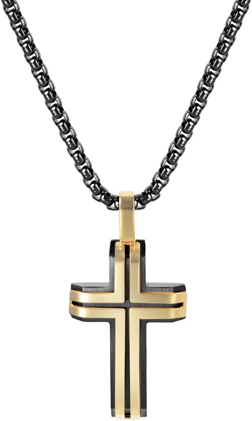 Edforce Stainless Steel Men's Tow Tone Double Layers Cross Pendant Necklace