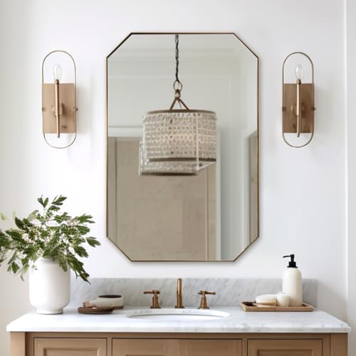 Image of ANDY STAR Gold Octagon Bathroom Mirror, 24x36 Inch Stainless Steel Metal Frame, Anti-Rust, Shatterproof HD Glass, Wall Mounted for Bathroom, Bedroom, Living Room