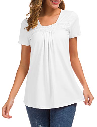 Women's White Square Neck Tops Loose Cotton Short Sleeve Blouse Lace Pleated Tunic Tee Shirts Xxl #TOP1