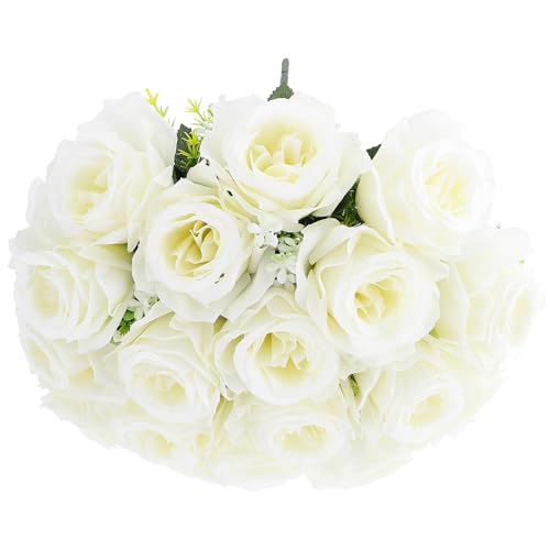 HAMPPLIES Bouquet Fiori Artificiali per Cimitero 18 Teste di Rose di Seta Color Avorio per Cerimonie Commemorative Decorazione Funerale Resistente al e Compatto
