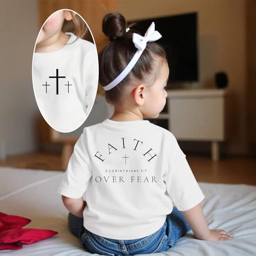 Image of Girl's Faith Over Fear Shirt Christian Bible Verse Shirts Cross Graphic Tees for Tween Girls Kid Inspirational Tops