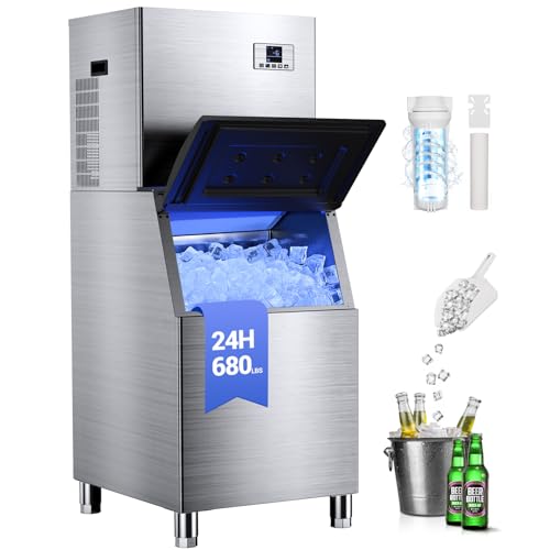 Commercial Ice Machine 680LBS/24H with 560LBS Storage Bin, Large Industrial Ice Maker, Self-Cleaning, Timing Function, 210 Ice Cubes in 5-15min, Adjustable Ice Thicknesses