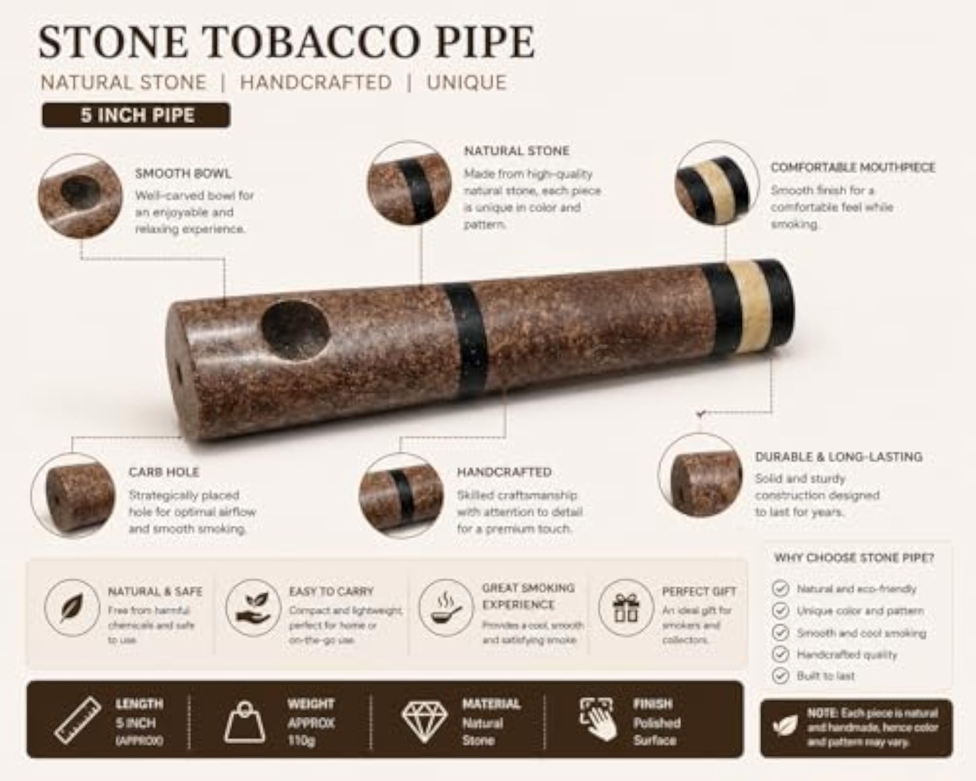 Stone Smoking Pipe 5 Inch, Handcrafted Durable Design