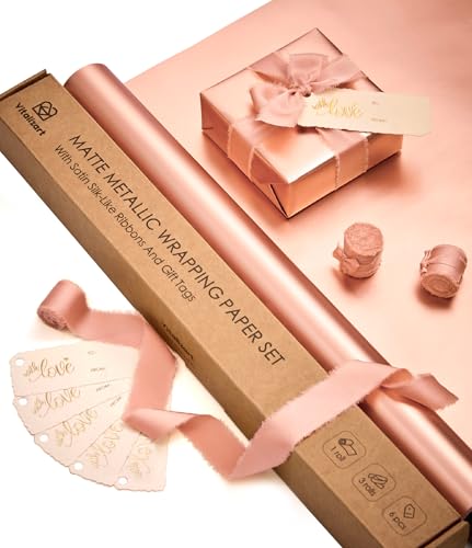 Vitalizart Papel de Regalo Metalizado Rosa 43 cm x 5 m con 3 Rollos de Cintas con Flecos Rosas y 6 Etiquetas de Regalo, Set de Papel de Regalo Impermeable para Cumpleaños, Boda, Baby Shower, Navidad