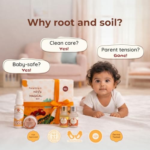 Image of ROOT and SOIL Newborn Baby Care Gift Set | Baby Kit for New Born Boys & Girls | Natural Baby Gift Pack with Almond Oil, Lotion & Coconut-Based Essentials | 0+ Months