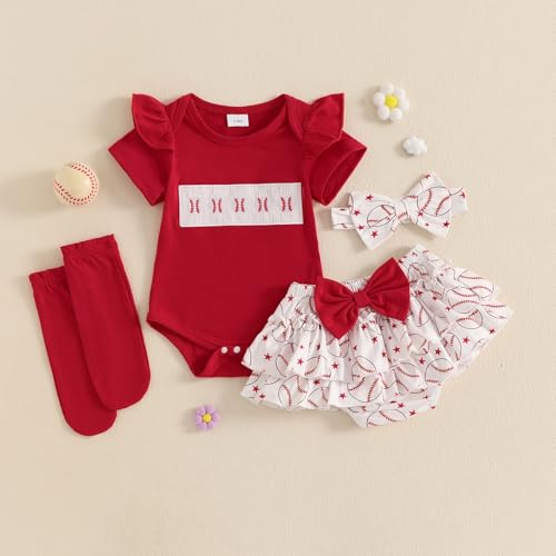 Newborn Baby Girl Baseball Outfit Short Sleeve Romper Ruffle Skirt Shorts Set Socks Hairband Summer Clothes3
