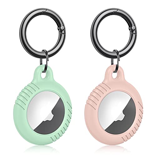 [2 Pack] Fintie Silicone Case for AirTags Tracker with Keychain, Portable Anti-Scratch Protective Skin Cover Compatible with Apple AirTags 2021 Finder for for Dogs Keys Backpacks, Green + Pink Sand
