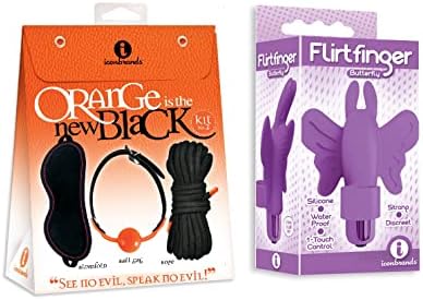 Sex Toy Gift Set Bundle of Orange is The New Black, Kit #2 - See No Evil, Speak No Evil and Icon Brands Flirt Finger Butterfly, Finger Vibrator, Purple
