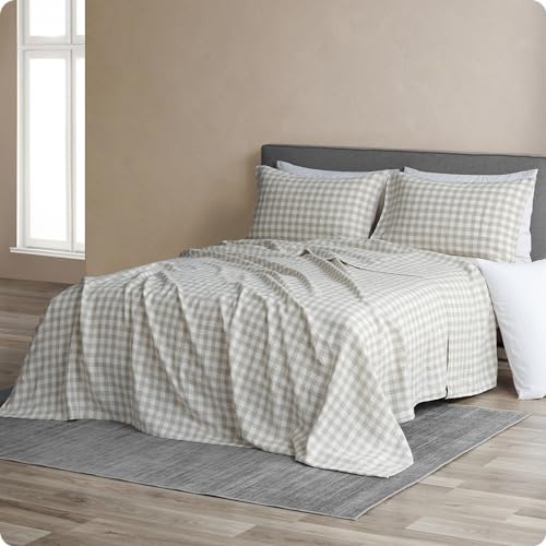 DAPU Pure Linen Sheets Set, Gingham Check Plaid 100% Washed Linen Bedding with Envelope Closure, 4 PCs Hypoallergenic Soft Linen Sheets Set, Geometric Checkered Pattern in Beige & White, Queen Size