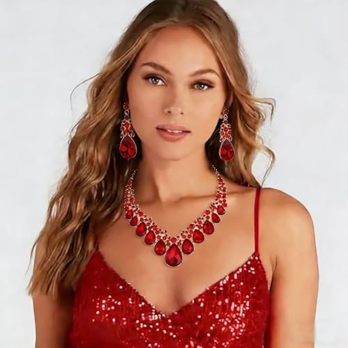 Qlavoca Crystal Teardrop Bridal Jewelry Set Rhinestone Bib Statement Necklace Dangle Earrings Women Costume Fashion Necklace for Wedding Prom (Red-Gold-Tone) by Qlavoca - Used condition - Image 2