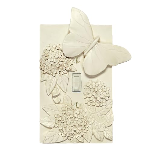 Butterfly In Bloom Lighting Switchplate | Handpainted Antique White | 1-Gang Single Switch Wall Plate Cover | Vintage Garden Butterflies, Hydrangea Flowers, & Leaves | Color-Match Hardware is Included