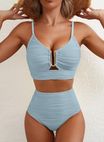 Image of Herseas 2 Piece Bikini Set U-Wire Cutout Popular Swimsuit High Waisted Textured 2026 Summer Beach Swim Bathing Suits