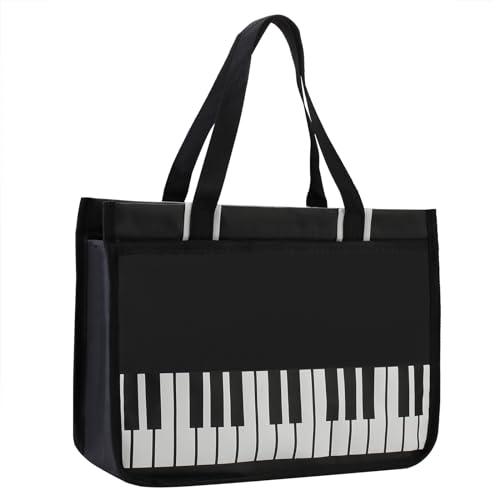 HilerPunk Bolsa de mão para música, bolsa de piano, bolsa de compras feminina de tecido de nylon impermeável, bolsa de viagem com zíper alto,, Preto + teclado, Large
