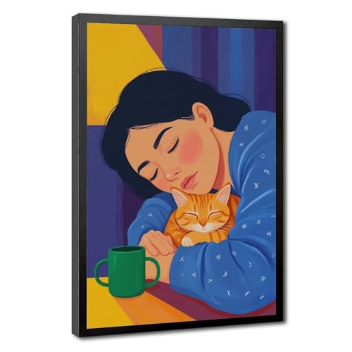 Toile femme et chat ELKPDOE avec cadre noir de haute qualité décor de chambre