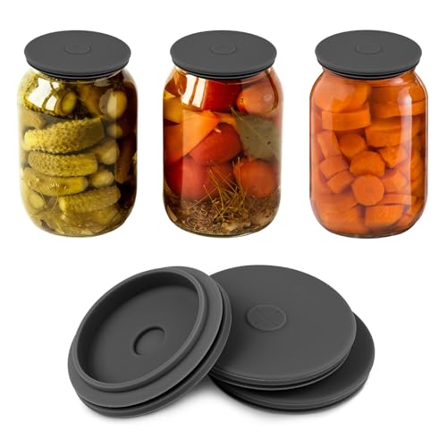 Wide Mouth Mason Jar Fermentation Lids Silicone Fermenting Caps with Waterless Airlock Self-Burping Fermenter Tops for Pickles Kimchi and Probiotic Foods 3 Pack Grey (Jars Not Included)
