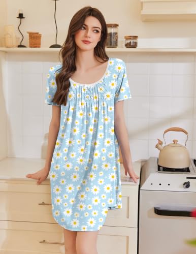 Image of Ekouaer Nightgowns for Women Pleated Sleep Shirts Short Sleeve Night Shirts Lace Trim Night Gown Ladies Sleep Dress
