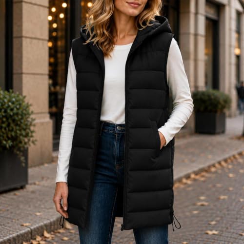 Hooded Puffer Vest for Women Long Quilted Full Zip Jacket with Pockets - image 2