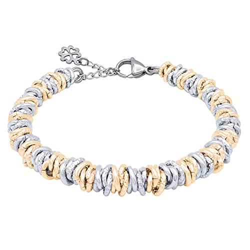 ParticolarModa Bracciale Donna regolabile quadrifoglio portafortuna nodini lucido diamantato 7 mm (Regolabile da 22 a 25 cm (x polso 19-21), Argentato/Dorato)