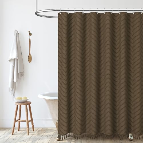 Dynamene 78 Inches Long Shower Curtain, Boho Tufted Chevron Striped Tall Cloth Shower Curtains for Bathroom Decor, Large Hotel Spa Luxury Shower Curtain Set with Hooks, Wrinkle Free, Brown, 72x78 by Dynamene - Used condition - Image 7