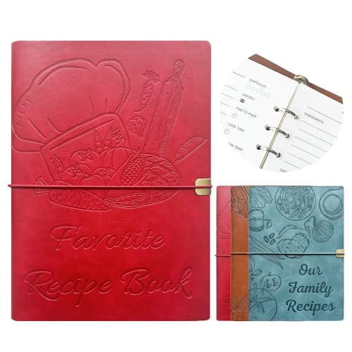 Image of leeveel Blank Recipe Book to Write in Your Own Recipes, 5.6 X 8.2 Recipe Ring Binder with PU Leather Cover, Recipe Journal with 160 Recipes (red)
