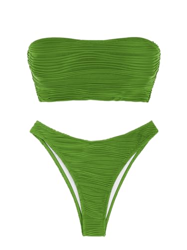 Image of ZAFUL Women Strapless Wave Bandeau Bikini 2 Piece Swimwear Cheeky Solid Lace up Bathing Suits(1-Light Green,M)