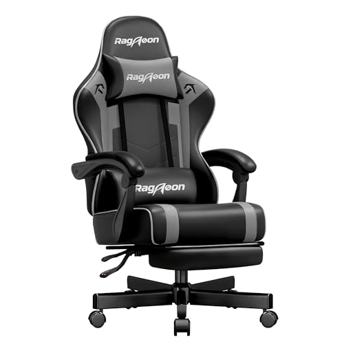 Riftracer Gaming Stuhl Chair Gamer Sessel - Ergonomischer Gamer Stuhl mit Fußstütze Kopfstütze und Lordosenstütz Höhenverstellbar Gepolstert Gamingstuhl 200 Kg Tragkraft Schwarz und Grau