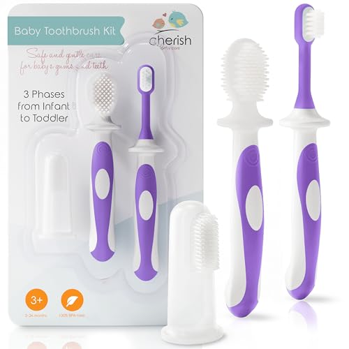 Image of Cherish Baby Care Baby Toothbrush & Toddler Toothbrush Set (0-2 Years) - BPA-Free & Safety-Tested, 2023 Award Winner, Food-Grade Silicone (Purple)