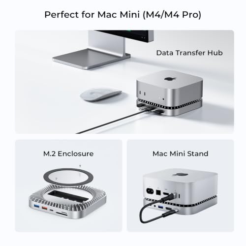 Image of Mac mini M4 Dock, Aluminum Stand and HDMI Hub for Mac mini M4 and M4 Pro 2024 with M.2 NVMe /SATA SSD Enclosure, 4K60Hz HDMI,10G USB A /C, 5G USB A*2, USB-C Charge, SD /TF, Audio