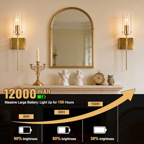 Image of Battery Operated Wall Sconce Glass Wireless Sconces Set of 2 Gold | Wall Sconces Rechargeable with Remote Control Dimmable Wall Light for Bedroom Living Room Hallway Entryway, 3000-6500K