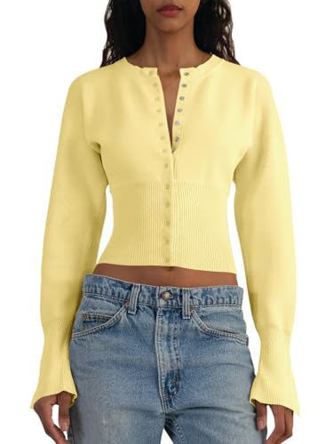 Image of Saodimallsu Womens Cropped Sweaters Cardigan | Button Down,Long Sleeve,V Neck,Ribbed Knit,Slim Fit ,Pullover Crop Tops