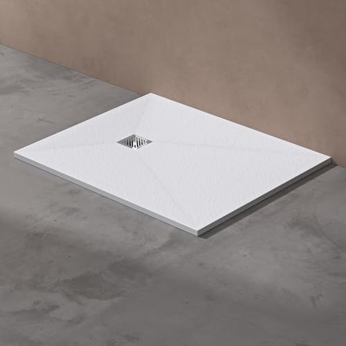 doporro Receveur de Douche Ultra Plat 3 cm Bac à Douche Rectangulaire en Solid Surface Blanc Design Geoma09 100x120x3 cm