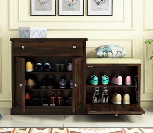 Image of The Attic Lewiston Shoerack, Shoe Storage Cabinet for Home, Shoe Rack with Seat & Door, Shoe Organizer, Shoe Rack for Home, Walnut Matte Finish