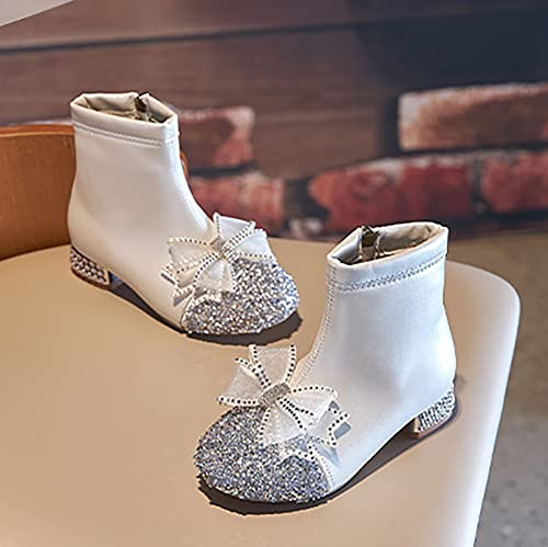 Leather Shoes for Girls Glitter Ankle Boots Kids Low Heel Dress Booties Fashion Side Zipper Short Girls Easter Sandals (Silver, 6-7 Years)3