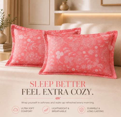 Image of HOMEKART Glace Cotton 160 TC Leaf Printed Double Bedsheet with 2 King Size Pillow Covers | Soft & Durable | 86 x 88Inches (Red)