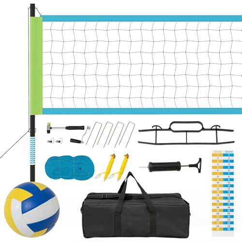 Costway Portable Outdoor Volleyball Net Set, Heavy-Duty Volleyball Net System w/Height Adjustable Poles, Anti-Sag Design, Scoreboards, Pump, Hammer, Boundary Line & Carry Bag (Blue + Green)