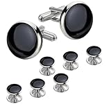 VAMA FASHIONS Round Cufflinks and Studs Formal Shirt Wedding Cuff Links set for Men (Silver Black Cuff Links Studs)