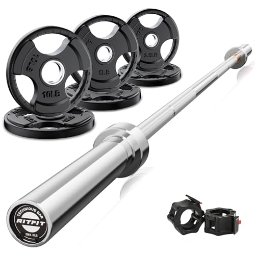 RitFit Barbell Weight Set - 4/6FT Olympic Barbell with Weight Plates (55-275LB Total) - Weightlifting Equipment for Squats, Curls, Deadlifts, Presses, Hip Thrusts