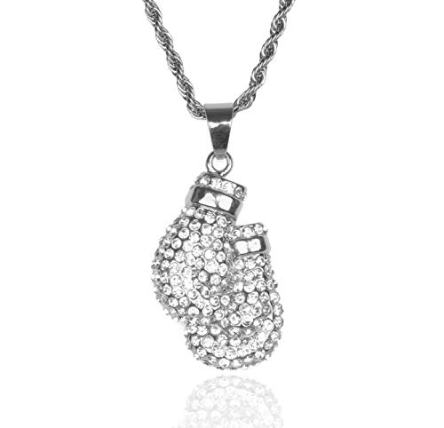 Collier gants de boxe homme serti de diamants de laboratoire avec chaîne de 60cm