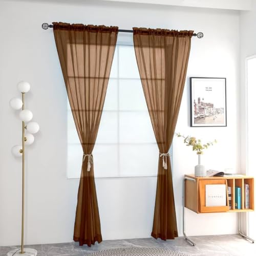 youleyar Solid Sheer Rod Pocket Curtain Voile Draperies 2 Panels White Beige Black Grey Coffee 52 Inch Width 63 Inch Long 1 Pair for Kitchen Bedroom Children Living Room Yard (Brown,52Wｘ63L) by youleyar - Used condition - Image 2