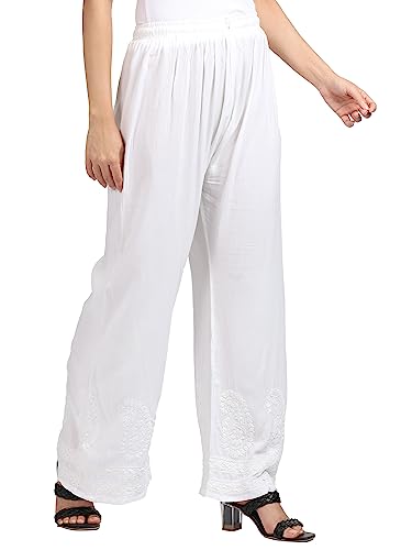 Image of FAWOMENT Women's Chikankari Hand Embroidery Straight Rayon Blend Plazo