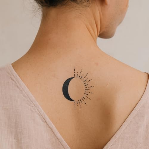Tatuaggio SOLE & LUNA | Temporalis® | Tatuaggi temporanei uomo donna, tatuaggi finti vegani e waterproof - Certificato UE - Dura 1-2 settimane [ Tattoo Eclissi solare ]