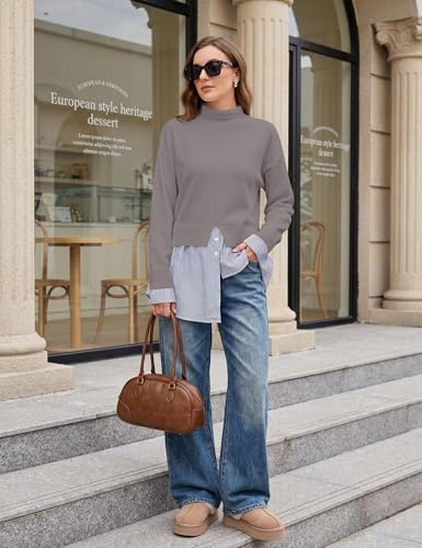 Image of Turtleneck Asymmetrical Sweaters for Women Patchwork 2 in 1 Pullover Knit Sweater Slit Button Down Shirt 2026 Fall
