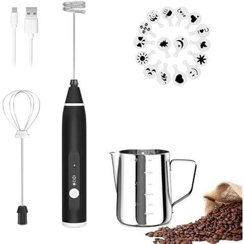 Milk Frother Handheld, FITNATE Rechargeable Electric Foam Maker Drink Mixer 3 Speeds with 2 Stainless Steel Whisks, Frother for Coffee, Hot Chocolate, Latte, Cappuccino,Includes Frother Cup Cover